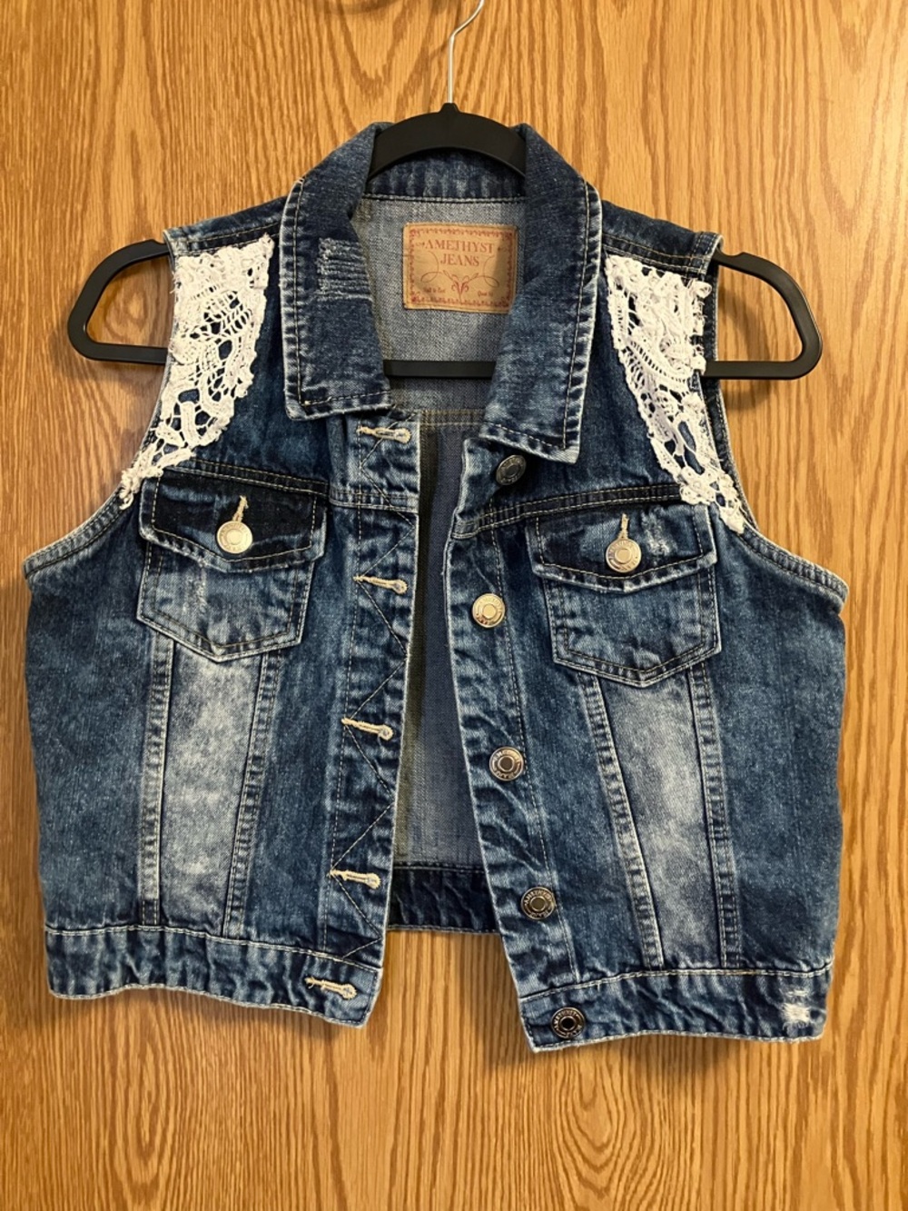 Amethyst Denim Distressed Jean Vest with White Crochet Accents Size Large